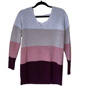 Torrid Sweater Gray Tan Pink Purple Open V Back Long Sleeve Stripe Size 0